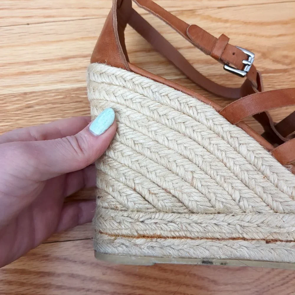 [SOLD] Coach Cognac Brown Leather Caged T-Strap Espadrille Wedge Strappy Sandals - Picture 12 of 16